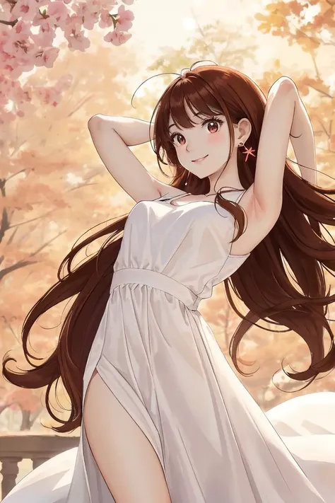 (masterpiece:1.1), best quality, vivid, colourful, dynamic angle, highest detailed, Sweet girl portrait,
1girl, solo, small earrings, swept bangs, long hair, hair over eyes, wavy hair, brown hair, high nose, nail polish, peach nails, medium breast, sexual appeal, High contrast, upperbody shot, looking at viewer, smile,
white camisole, long dress, front view,
bokeh, light passing through hair, simple background, stretch arms, white skin, <lora:makina69_kureha_v1.3:0.8>,