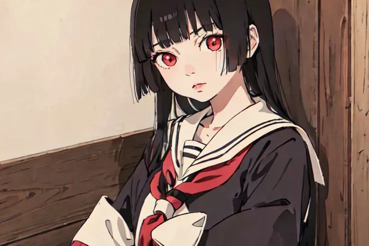 A  girl with long black hair and bangs with red eyes. She’s in a black Japanese uniform. She has her arms crossed as she looks mad.