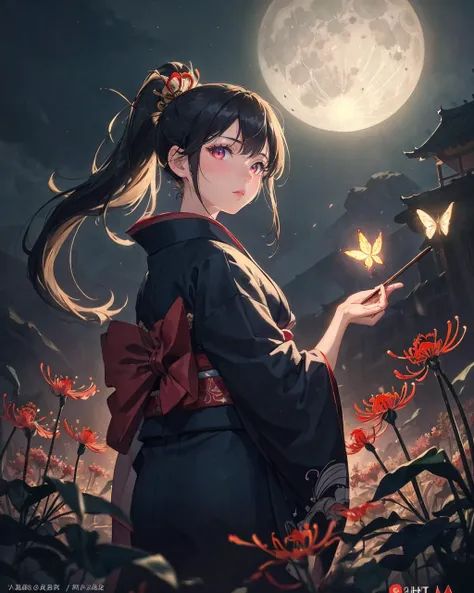 masterpiece, best quality, ((depth of field, cinematic lighting), atmospheric) , extremely detailed scenery, 1girl, long ponytail, kimono, glowing eyes, ghostdom, night, (spider lily), butterfly, full moon, looking at viewer,