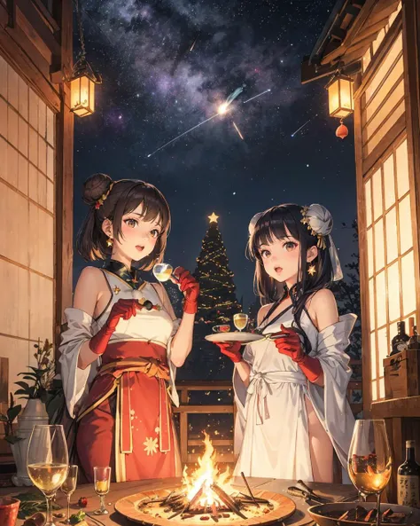 2girls, aerial fireworks, alcohol, astronaut, aurora, balcony, bare shoulders, black hair, bow, brown hair, building, cake, campfire, candle, candlelight, christmas lights, christmas tree, city lights, cityscape, constellation, cooking, crescent moon, cup, desert, double bun, dress, dusk, dust, earrings, earth \(planet\), elbow gloves, embers, festival, fire, fireflies, fireworks, flame, food, full moon, galaxy, gloves, gown, gradient sky, holding plate, holding tray, jewelry, lantern, light particles, lights, milky way, miyamizu mitsuha, moon, moonlight, multiple girls, night, night sky, onsen, open mouth, planet, plate, rocket, shooting star, short hair, sky, skyline, skyscraper, snowing, space, space craft, space helmet, spacesuit, sparkler, star \(sky\), star \(symbol\), starry background, starry sky, starry sky print, summer festival, tanabata, tanzaku, telescope, twilight, ufo, window, wine glass, steampunkai,