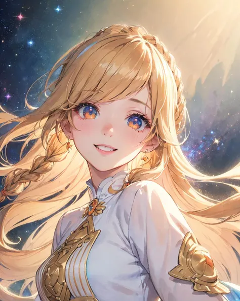 (masterpiece, best quality:1.2), ultra detailed, disheveled hair, illustration, solo, fashionable, fantasy, standing, looking at viewer, beautiful eyes, delicate beautiful face, (saturated pastel colors, colorful lighting:1.2), galaxy, flowing hair, windy, beautiful lighting, ohead, orange eyes, blond, smiling, french braids, lit face, front lit