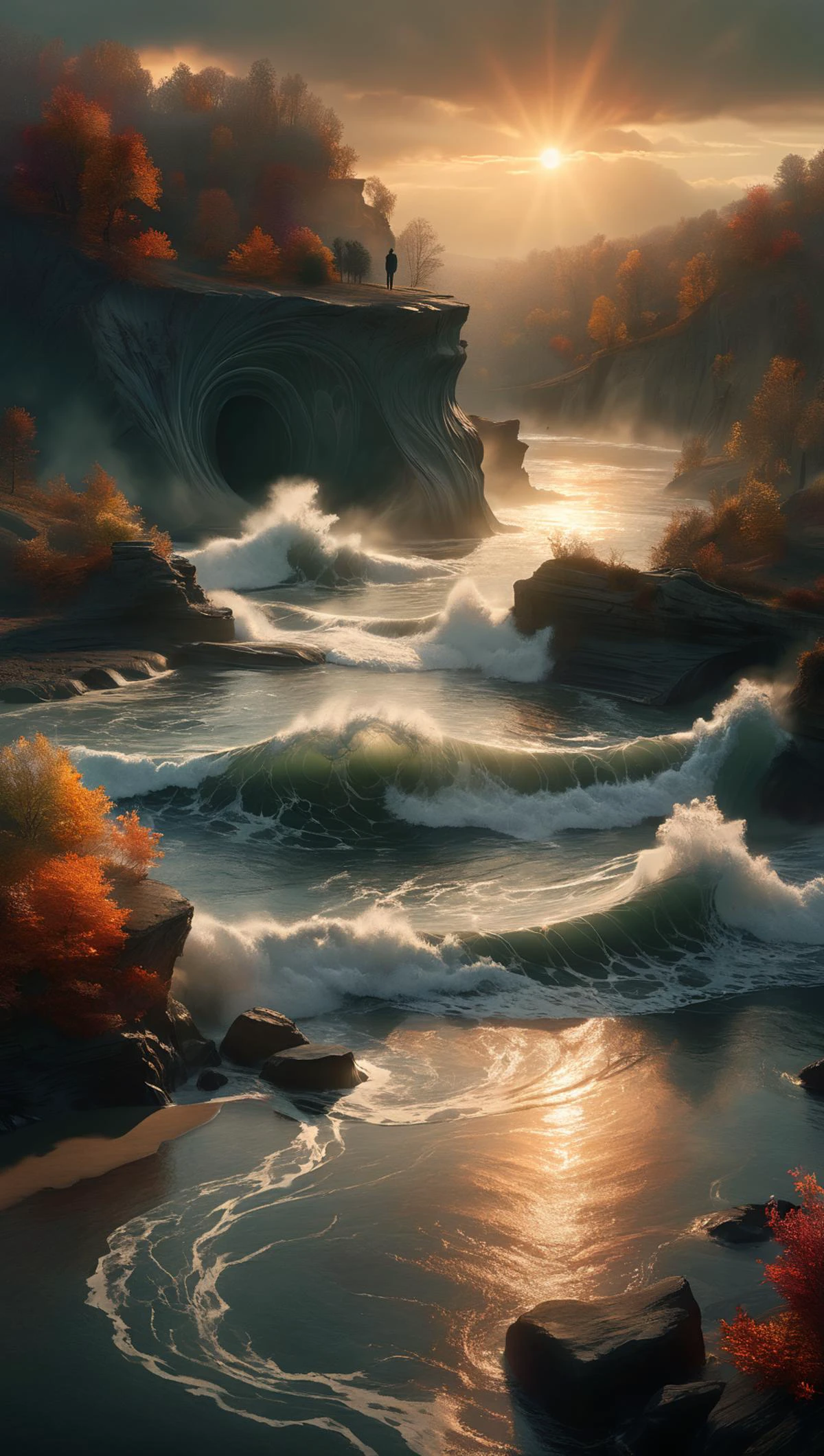 This stunning image features a serene landscape with calm waters and sculptural waves. The earthen tones of the scene create a deep aesthetic that is both inspirational and emotional. The smoke effect dropout regularization trailing edge device adds an element of drama to the composition drawing the viewer's attention towards the center of the image. The character-driven aspect of the artwork emphasizes the importance of human presence in nature even if it is not immediately visible. The intricate details and sharp fine lines create a cinematic quality that makes the scene feel lifelike and complex. Overall this piece showcases an elegant balance between pretty and dramatic elements making it marvelous, epic, brilliant, awesome, fabulous, colorful background, light beam, <lora:ral-decoznow-sdxl:0.1> ral-decoznow <lora:mystivis:0.4> mystivis