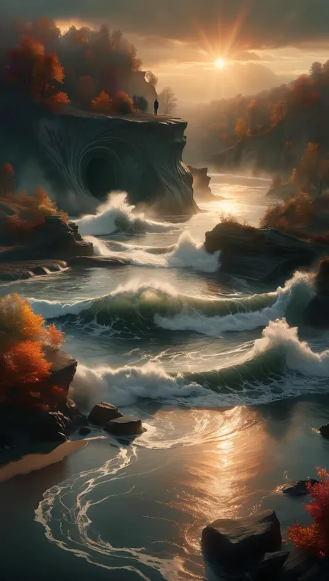 This stunning image features a serene landscape with calm waters and sculptural waves. The earthen tones of the scene create a deep aesthetic that is both inspirational and emotional. The smoke effect dropout regularization trailing edge device adds an element of drama to the composition drawing the viewer's attention towards the center of the image. The character-driven aspect of the artwork emphasizes the importance of human presence in nature even if it is not immediately visible. The intricate details and sharp fine lines create a cinematic quality that makes the scene feel lifelike and complex. Overall this piece showcases an elegant balance between pretty and dramatic elements making it marvelous, epic, brilliant, awesome, fabulous, colorful background, light beam, <lora:ral-decoznow-sdxl:0.1> ral-decoznow  <lora:mystivis:0.4> mystivis