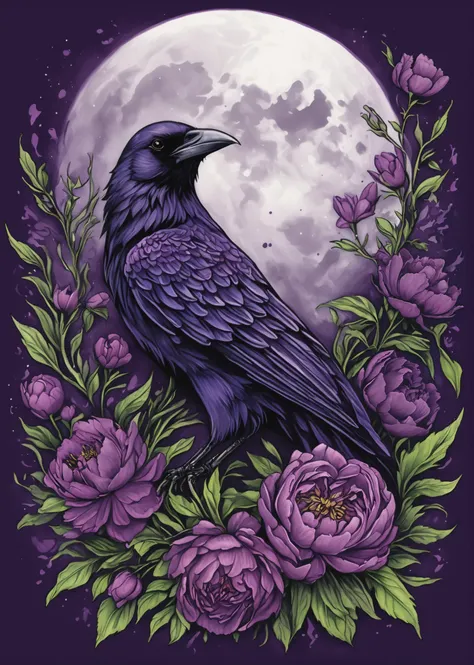 ((novuschroma41 style, style of copic marker))
watercolor clipart, purple peonies and black flowers with a crow intertwined and a mystical moon, gothic accents, isolated on a white background, tattoo art illustration drawn with copic markers
 <lora:CBS_novuschroma41 style (1):1.2>