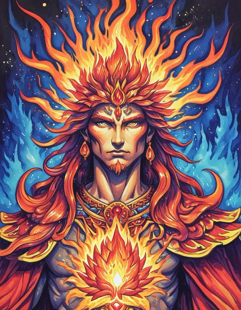 deity of fire, style of copic marker <lora:CBS_novuschroma41 style:.5> novuschroma41