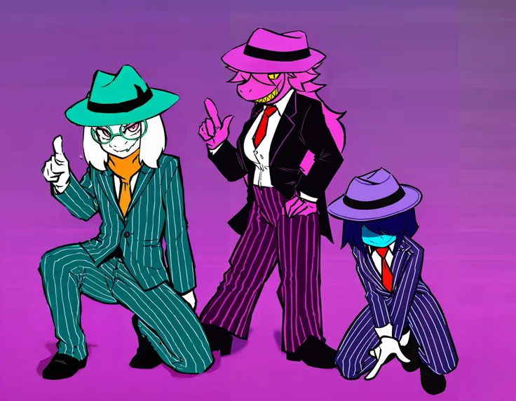 deltarune, masterpiece, best quality, mafia costumes, striped pants, darkkris, darksusie, ralsei, pointing, fedora, smile, pinstripe pattern, alternate costume, one knee <lora:animagine-deltarune-last-000046:1>