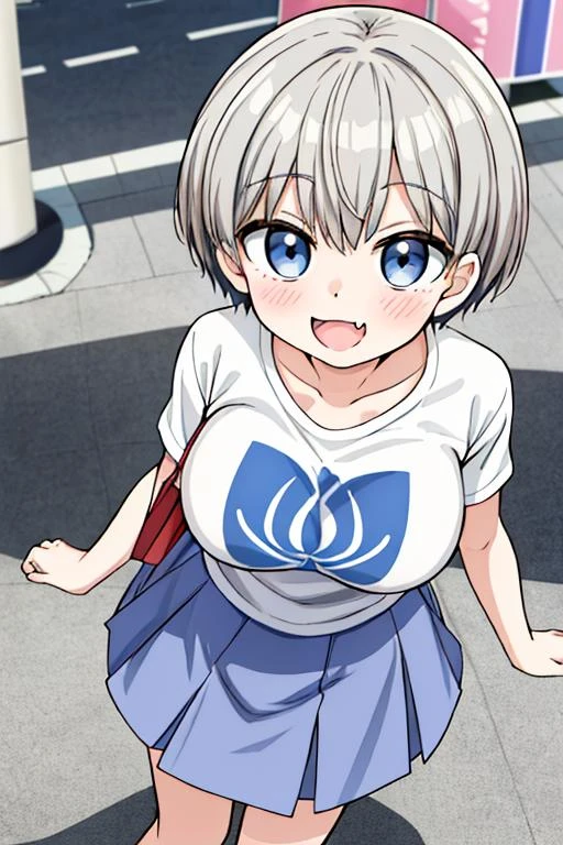 (masterpiece, best quality),<lora:GoodHands-vanilla:0.7> <lora:anmnr01:0.3> <lora:add_detail:0.5>, solo, looking at viewer,stylish angle,active pose <lora:hana:0.8>,hana,blush,short gray hair,large breasts,white print Tshirt,blue miniskirt,evil smile,comic,manga,fang,open mouth,annoying,shopping center,looking up,from above,