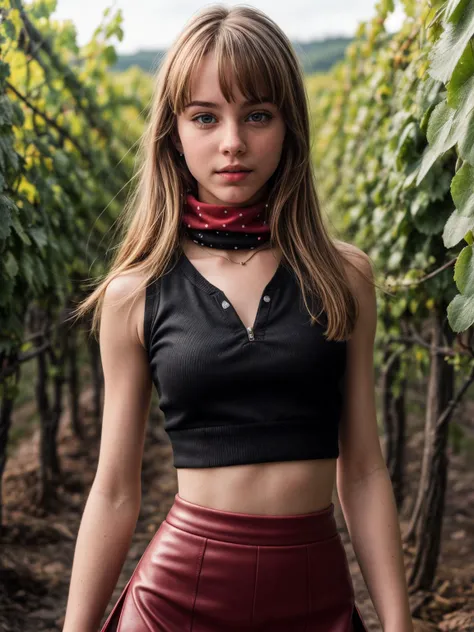 DV_S2_Libby_Vicious, (Art Photography, Award Winning) (skinny), (Sweeping vineyard with rows of grapevines) (wearing leather, vest, pencil skirt, dark red polka dots print scarf) (Short golden pixie with side fringe hairstyle) by Steve McCurry, perfect teeth, 35mm, F/2.8, ((Photo Focus, DOF, Aperture, insanely detailed and intricate, character, hypermaximalist, beautiful, revealing, appealing, attractive, amative, hyper realistic, super detailed))(DOF, blurry background), Determined facial expression