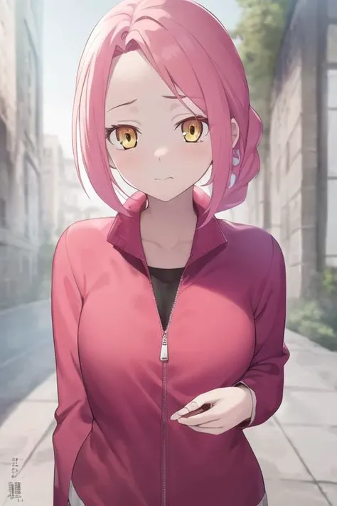 masterpiece, best quality, high quality, 1girl, solo, looking at viewer, upper body, <lora:mei:0.62>, mei, pink hair, braid, yellow eyes, , jacket