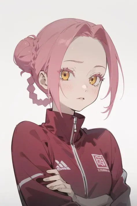 masterpiece, best quality, high quality, 1girl, solo, looking at viewer, upper body, <lora:mei:0.70>, mei, pink hair, braided bun, yellow eyes, , track suit