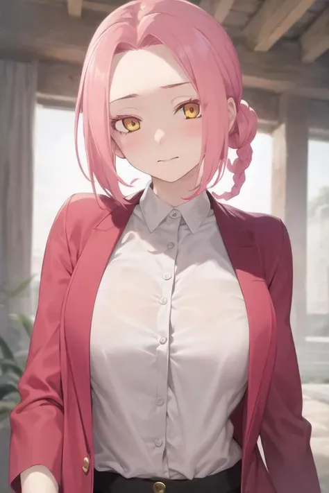 masterpiece, best quality, high quality, 1girl, solo, looking at viewer, upper body, <lora:mei:0.56>, mei, pink hair, , yellow eyes, , jacket