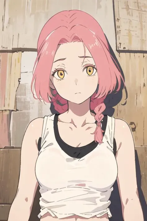 masterpiece, best quality, high quality, 1girl, solo, looking at viewer, upper body, <lora:mei:0.68>, mei, pink hair, braid, yellow eyes, , tank top
