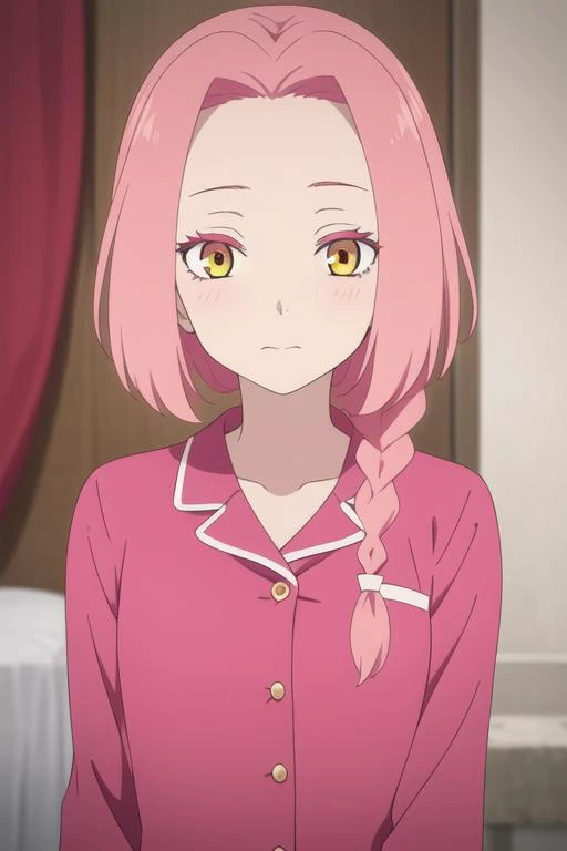 masterpiece, best quality, high quality, 1girl, solo, looking at viewer, upper body, <lora:mei:0.62>, mei, pink hair, braid, yellow eyes, , pajamas