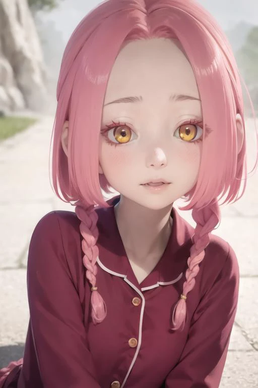 masterpiece, best quality, high quality, 1girl, solo, looking at viewer, upper body, <lora:mei:0.66>, mei, pink hair, braid, yellow eyes, , pajamas