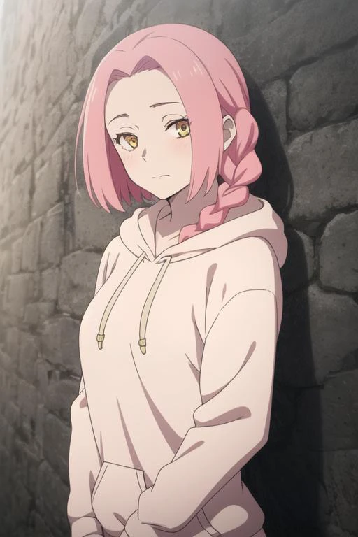 masterpiece, best quality, high quality, 1girl, solo, looking at viewer, upper body, <lora:mei:0.60>, mei, pink hair, braid, yellow eyes, , hoodie