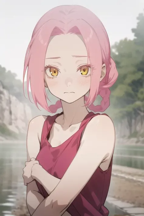 masterpiece, best quality, high quality, 1girl, solo, looking at viewer, upper body, <lora:mei:0.70>, mei, pink hair, braid, yellow eyes, , tank top