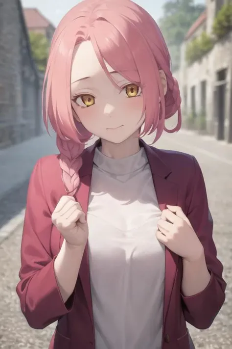 masterpiece, best quality, high quality, 1girl, solo, looking at viewer, upper body, <lora:mei:0.60>, mei, pink hair, braid, yellow eyes, , jacket