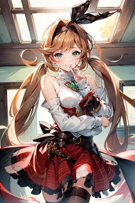 (masterpiece, best quality:1.5),<lyco:Clarisse-v2-000006:1>,Clarissevalentine,Clarisse,green eyes,brown hair,blush,breasts,long hair,bangs,looking at viewer,indoors,(:q:1.3),fantasy,(naughty face:1.3),(cowboy shot:1.3),bow,ribbon,bare shoulders,twintails,very long hair,detached sleeves,sleeveless,skirt,shirt,thighhighs,long sleeves,frills,black thighhighs,sweater,plaid,red skirt,plaid skirt,clarisse \(granblue fantasy\),hairband,hair ribbon,black bow,
