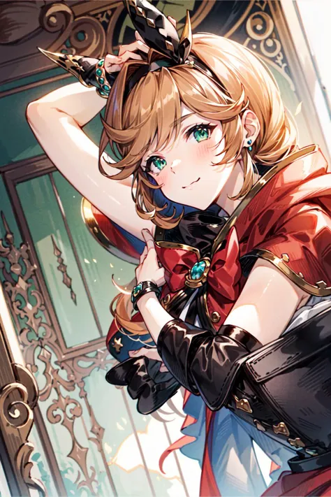(masterpiece, best quality:1.5),<lyco:Clarisse-v2-000006:0.9>,Clarisse,green eyes,brown hair,blush,breasts,long hair,bangs,looking at viewer,indoors,(:q:1.3),fantasy,portrait,(naughty face:1.3),Clarissesaikawa,skirt,thighhighs,bow,ribbon,jewelry,hair ribbon,ponytail,hairband,boots,frills,sleeveless,black thighhighs,cape,black footwear,bracelet,zettai ryouiki,red skirt,knee boots,red cape,red bow,cagliostro \(granblue fantasy\),(upper body:1.3),
