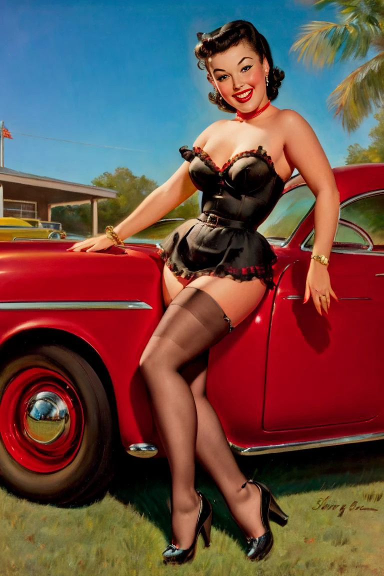 photorealistic, sharp, Pinup Girl, 1950s, <lora:pinup_girls_v1.0:0.8> woman posing for a picture next to a car, smiling, sexy, seductive