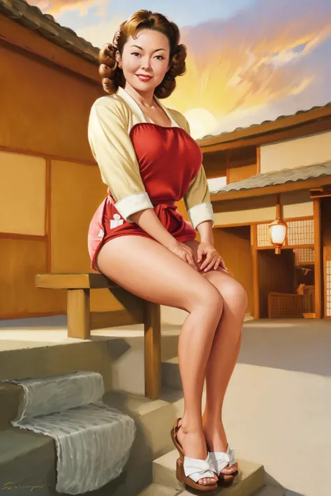 <lora:pinup_girls_v1.0:0.8>, as-midaged, 40 year old japanese woman, milf, sweater, jeans, apron, sandals, shoulder length hairstyle, brown hair color, sitting on steps, traditional japanese home in background, sunrise, sexy details