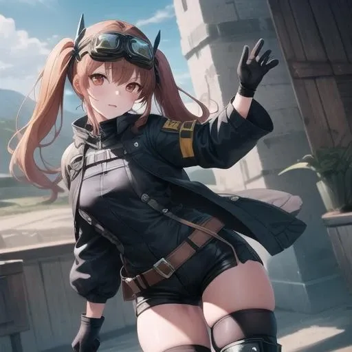 (masterpiece, best quality:1.2),illustration,8k,hd,1girl,solo,cowboy shot,twintails,brown hair,knee pads,brown eyes,long hair,boots,black gloves,black shorts,black footwear,goggles on head,black thighhighs,scar across eye,<lora:Lenna-Ump9(gf2):0.6>,