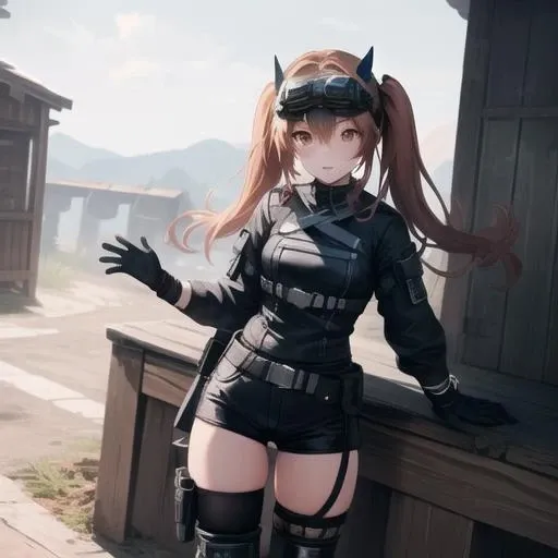 (masterpiece, best quality:1.2),illustration,8k,hd,1girl,solo,cowboy shot,twintails,brown hair,knee pads,brown eyes,long hair,boots,black gloves,black shorts,black footwear,goggles on head,black thighhighs,scar across eye,<lora:Lenna-Ump9(gf2):0.6>,