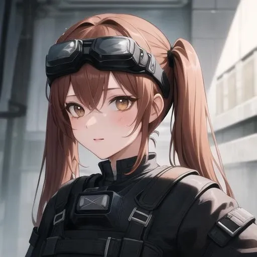 (masterpiece, best quality:1.2),illustration,8k,hd,1girl,solo,upper body,(portrait:1.2),twintails,brown hair,knee pads,brown eyes,long hair,boots,black gloves,black shorts,black footwear,goggles on head,black thighhighs,scar across eye,<lora:Lenna-Ump9(gf2):0.6>,