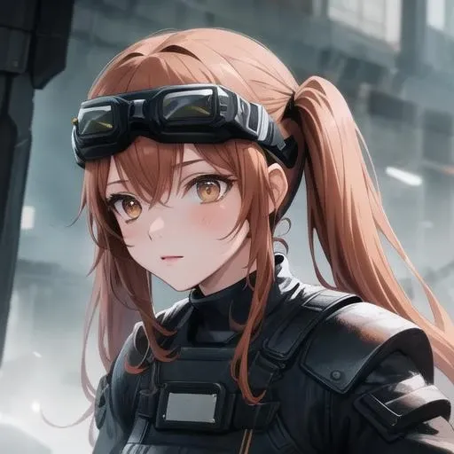 (masterpiece, best quality:1.2),illustration,8k,hd,1girl,solo,upper body,(portrait:1.2),twintails,brown hair,knee pads,brown eyes,long hair,boots,black gloves,black shorts,black footwear,goggles on head,black thighhighs,scar across eye,<lora:Lenna-Ump9(gf2):0.8>,
