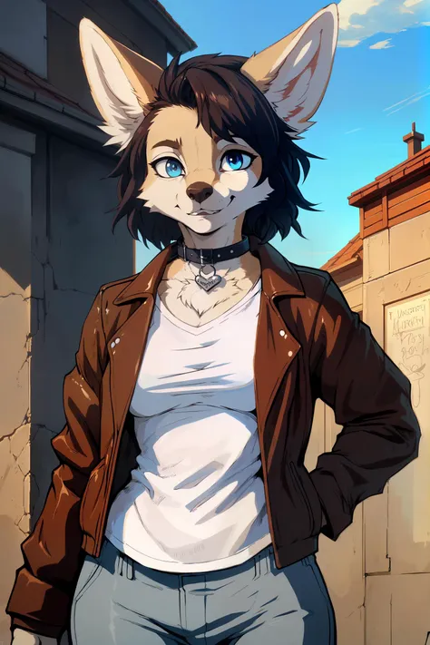 A beautiful female fennec, snout, aged brown leather jacket, canvas pants, white undershirt, black collar, sly, awesome pose, detailed face, detailed eyes, gorgeous, short (wavy) hair
Stylized anime screencap, masterpiece, best quality, absurdres, solo, by sligarthetiger, by meesh, by avante92, by ashblueflames, by djpuppeh, by personalami, by kenket, by desubox, by gideon, by taran fiddler, by chunie