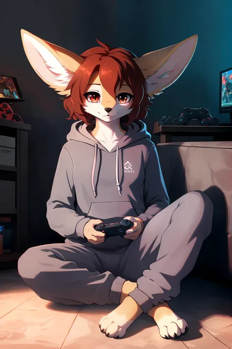 beautiful, furry, mature, female, fennec, auburn wavy hair, hoodie, sitting crosslegged, videogames, sweatpants, soft lighting, anime style, subsurface scattering, best quality, highly detailed
<lora:add_detail:-0.75>