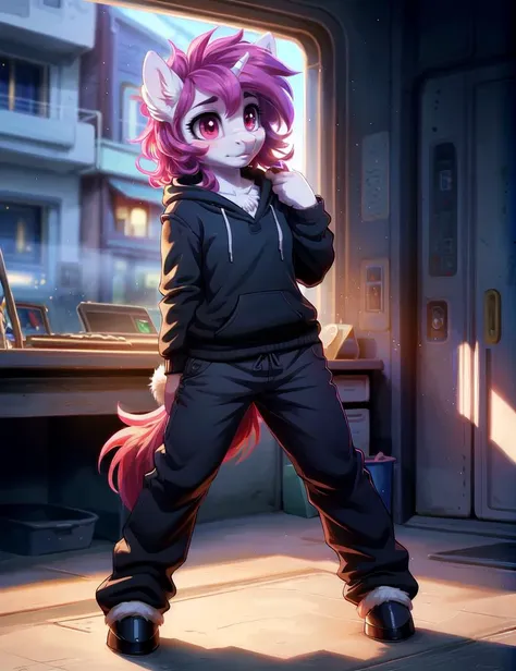 ((fluffy anthro furry Pony, my little pony, mlp), hooves, snout), (short wavy hair, woman, remarkably detailed  red eyes, detailed face), baggy pants, pose, Lonely,
Space Opera style, Anime artwork by White Fox, masterpiece, best quality, absurdres, color graded, soft warm lighting, subsurface scattering, face focus