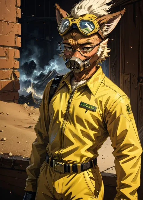 8k RAW photo of anthro, furry, (Wile E Coyote \(Looney Tunes\)), hyperrealistic, photorealism, extremely detailed, pinup pose, detailed realistic face, anthro, furry, male, mosaic censorship, solo, by sam yang, brown fur, yellow bodysuit, gas mask on head, walter white
<lora:add_detail:1>
<lora:samdoesartsSamYang_offset:1>
<lora:Masterpiace:1> <lora:Walter White:0.4>