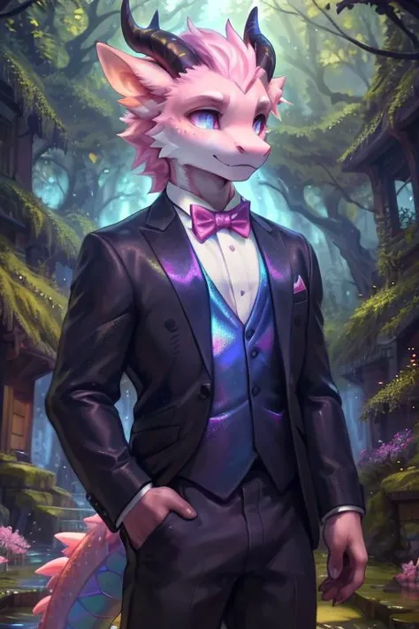 (detailed scales, crystal scales)+, solo, cute,(pink bow tie, formal wear, iridescent clothes)++ male, seductive, perfect eyes, perfecteyes eyes, (male anthro dragon)1.3, (iridescent pastel pink body)1.3, (standing)1.3, (kemono:1.1)++, (magical forest)1.23, detailed eyes, horn, (full body portrait)+, (detailed eyes)+, dnd, (dark)1.1, detailed background, 8k hd, (dark shadows, wide dynamic range, hdr, low light)1.2, by Pino Daeni, by dagasi, by foxovh, by Silgiriya Mantsugosi, crystallineAI