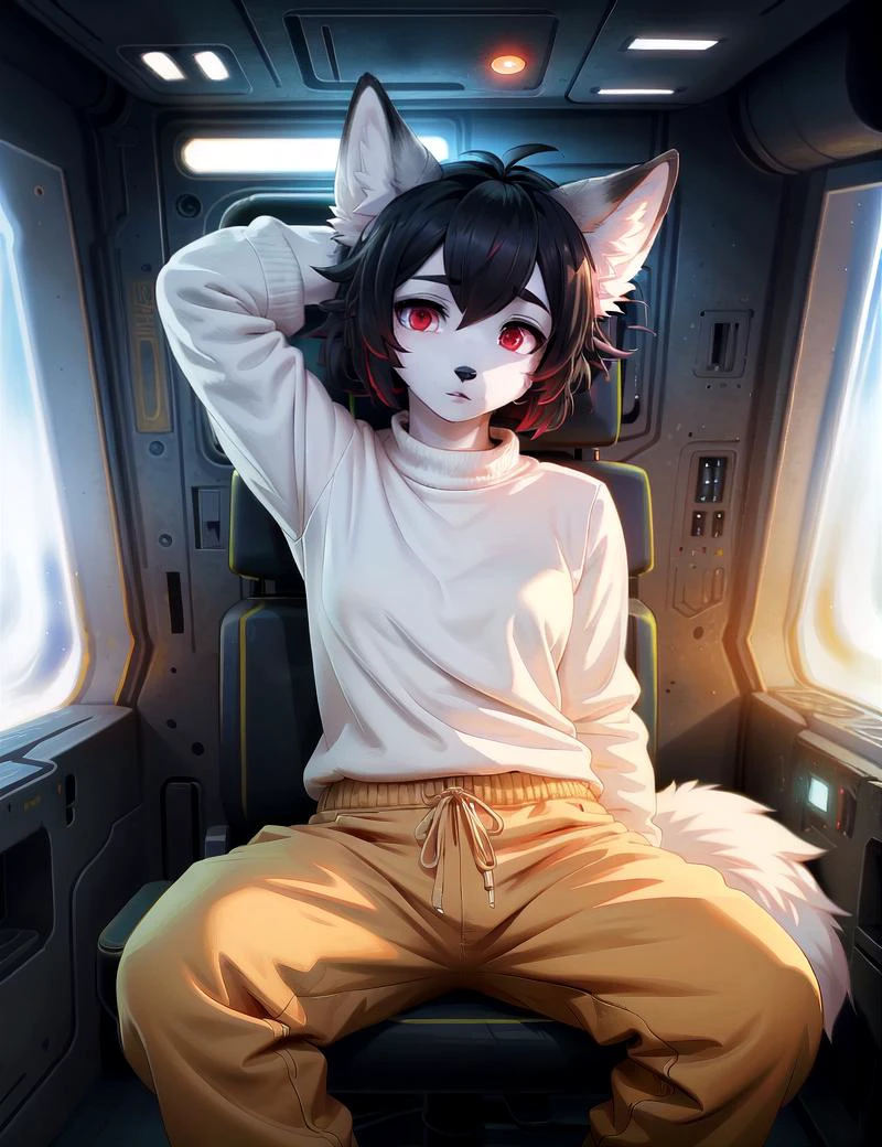 (short wavy hair, woman, remarkably detailed red eyes, detailed face), baggy pants, pose, Lonely,
Space Opera style, Anime artwork by White Fox, masterpiece, best quality, absurdres, color graded, soft warm lighting, subsurface scattering, face focus