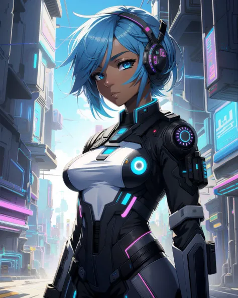 (cyberpunk style:1.2), (Anime, cute), (medium length straight blue hair, mature (african) woman, detailed face), (small breasts), detailed BREAK cityscape, masterpiece, best quality, subsurface scattering, absurd res, soft lighting, countershading, detailed background, in the style of [Ashley Wood|Alex Maleew]