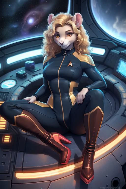 (anthro hamster girl, high heel boots, short red brown fur), (blond curls, woman, remarkably detailed amber eyes, detailed face), skintight star trek tng combat dress, tight, futuristic skintight star trek uniform suit with diamond pattern, flirty feminine pose, laying on back, spreading her legs to the viewer, cameltoe, wetspot in crotch, wet crotch, suggestive pose
Space western style, space ship interior, Anime artwork by marmelademum, masterpiece, best quality, absurdres, color graded, soft warm lighting, subsurface scattering, face focus