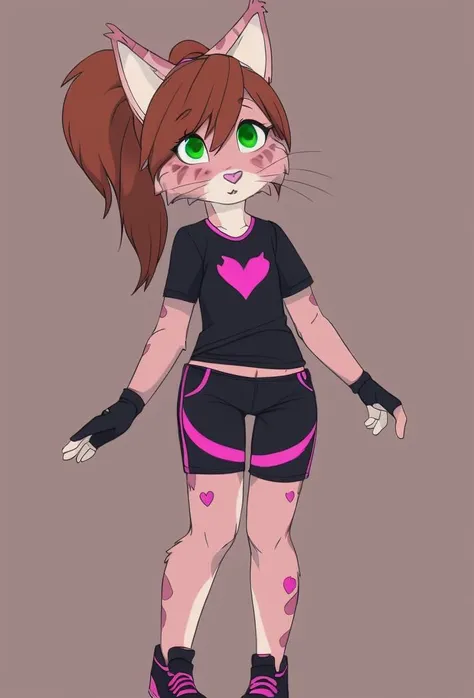 <lora:amandasc-000004:1> 1 girl ,amandasc ,green eyes ,ponytail ,furry , furry female ,solo ,pink cat nose ,brown hair , fullbody ,black fingerless gloves , shirt with engraved heart , black shorts , Black Shoes
