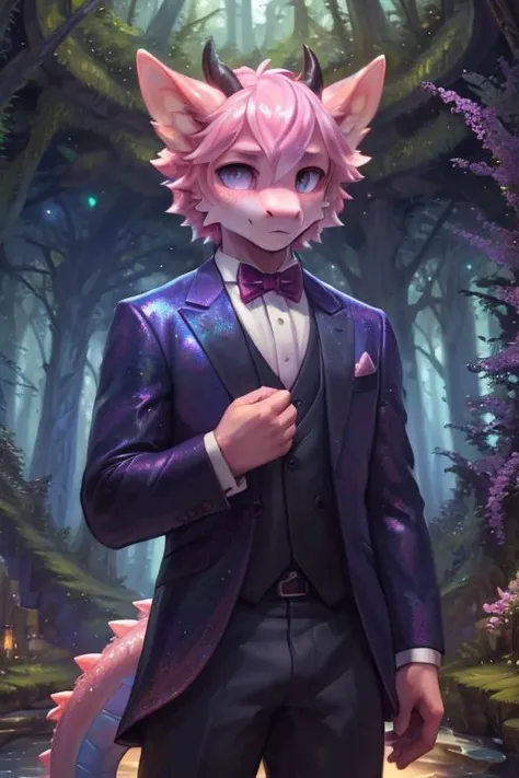 (detailed scales, crystal scales)+, solo, cute,(pink bow tie, formal wear, iridescent clothes)++ male, seductive, perfect eyes, perfecteyes eyes, (male anthro dragon)1.3, (iridescent pastel pink body)1.3, (standing)1.3, (kemono:1.1)++, (magical forest)1.23, detailed eyes, horn, (full body portrait)+, (detailed eyes)+, dnd, (dark)1.1, detailed background, 8k hd, (dark shadows, wide dynamic range, hdr, low light)1.2, by Pino Daeni, by dagasi, by foxovh, by Silgiriya Mantsugosi, crystallineAI