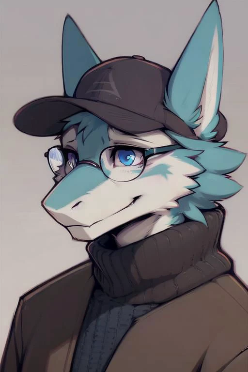 turtleneck, glasses, (by zackary911, by braeburned, by haps), male, sergal, anthro,kemono,cap, deep blue eyes,