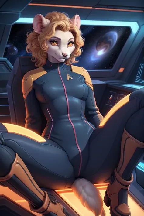 (anthro hamster girl, neon plateau boots, short red brown fur), (blond curls, woman, remarkably detailed amber eyes, detailed face), skintight star trek tng combat dress, tight, futuristic skintight star trek uniform suit with diamond pattern, flirty feminine pose, laying on back, spreading her legs to the viewer, cameltoe, wetspot in crotch, wet crotch, suggestive pose
Space western style, space ship interior, Anime artwork by marmelademum, masterpiece, best quality, absurdres, color graded, soft warm lighting, subsurface scattering, face focus