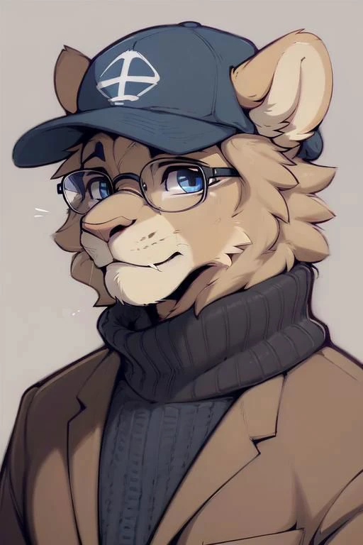 turtleneck, glasses, (by zackary911, by braeburned, by haps), male,lion,anthro,kemono,cap, deep blue eyes,