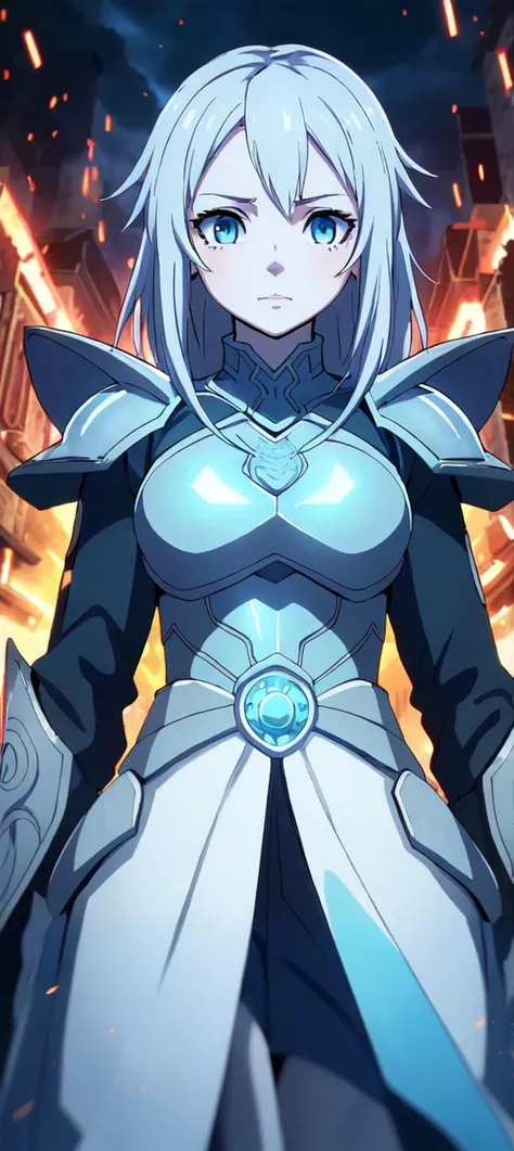 Saber, fate \(series\), intricate, anime keyframe, beautiful young girl, looking at viewer, dramatic scene, cinematic lighting, wearing detailed white and blue armored dress,
detailed anime face, aqua eyes,