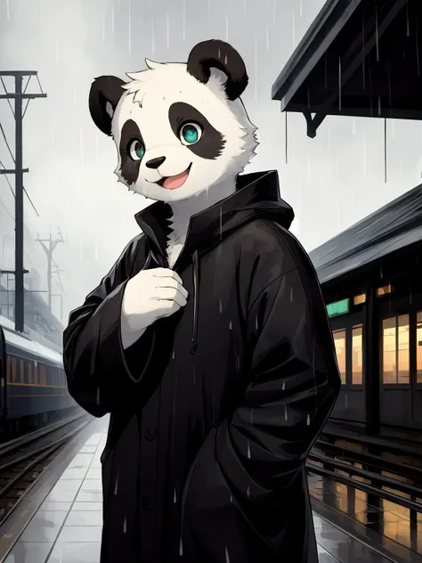 masterpiece, best quality, perfect anatomy, bright eyes, watery eyes, by t.y.stars, by null-ghost, by k0bit0wani, furry, (panda:1.1), (black ears:1.1), (felis:0.3), male, solo, baggy clothing, open smile, gentle, looking at viewer, train station, rain, (waterdrop:0.9), grey sky, raining, (fog:0.4), detailed background