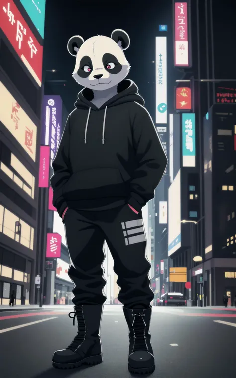 a cyborg panda furry, standing in shadow, serious, looking down, hoodie, pants, boots, city lights BREAK, (masterpiece, best quality:1.1)