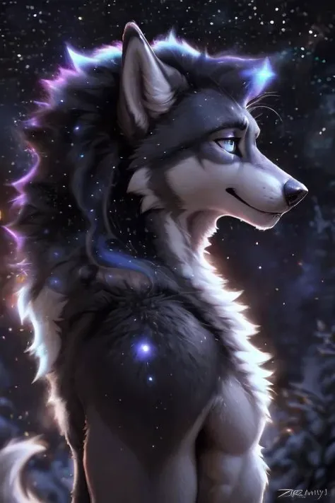 by-haps, by-zackary911, by-braeburned, fluffy-wolf, cosmic-fur, ultra-hd-detail, side view, topless, opal, starry-sky, fluffity, perfecteyes-eyes, (((ultra-hd-detail-realistic, male)))