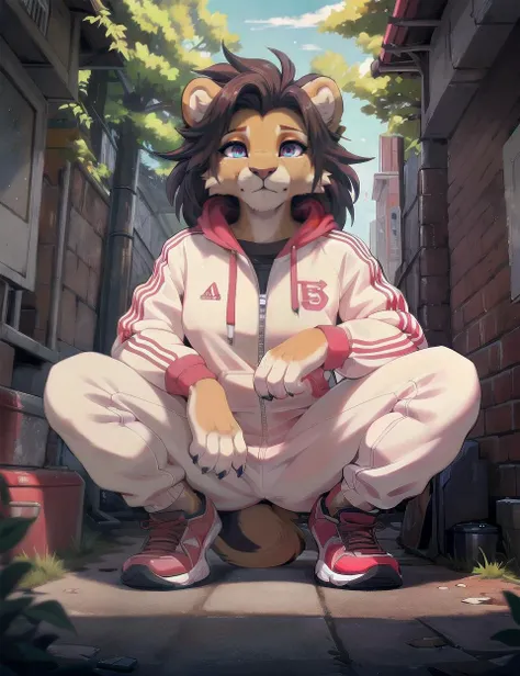 (fluffy anthro furry), lion, soft, solo, 1girl, detailed face, detailed vibrant eyes, tracksuit, sharply drawn, slav squatting, from below, stylized anime artwork, subsurface scattering, David Production style, detailed background