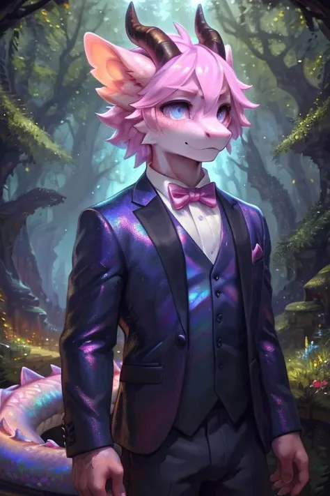 (detailed scales, crystal scales)+, solo, cute,(pink bow tie, formal wear, iridescent clothes)++ male, seductive, perfect eyes, perfecteyes eyes, (male anthro dragon)1.3, (iridescent pastel pink body)1.3, (standing)1.3, (kemono:1.1)++, (magical forest)1.23, detailed eyes, horn, (full body portrait)+, (detailed eyes)+, dnd, (dark)1.1, detailed background, 8k hd, (dark shadows, wide dynamic range, hdr, low light)1.2, by Pino Daeni, by dagasi, by foxovh, by Silgiriya Mantsugosi, crystallineAI