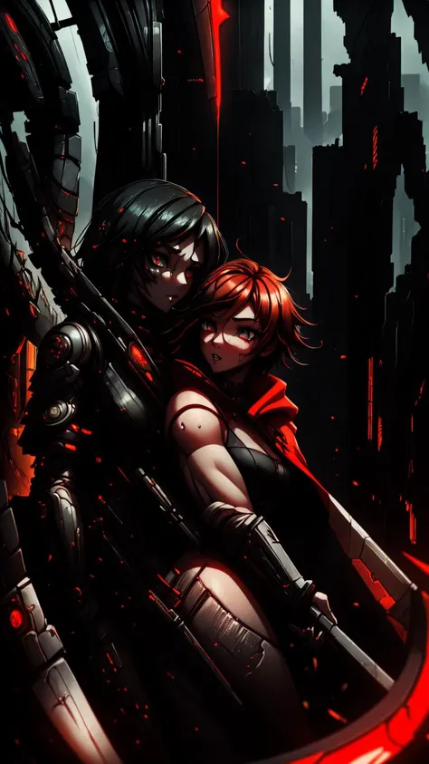 cyberpunk,a girl with a red cloak, holding ((scythe)), , <lora:rwby_rose-10:0.6>rwby_rose,giant scythe ,black dress <lora:detailmaker:0.6>,cyberpunk dystopian future,AS-YoungV2,detailed_eyes, <lora:perfecteyes-000007:0.9>perfecteyes <lora:CYBERMIX:0.8>cybernetic_arm,cybermix