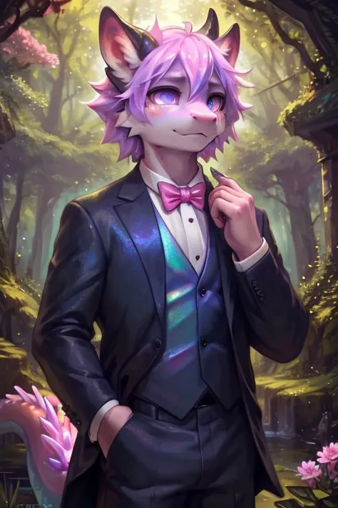 (detailed scales, crystal scales)+, solo, cute,(pink bow tie, formal wear, iridescent clothes)++ male, seductive, perfect eyes, perfecteyes eyes, (male anthro dragon)1.3, (iridescent pastel pink body)1.3, (standing)1.3, (kemono:1.1)++, (magical forest)1.23, detailed eyes, horn, (full body portrait)+, (detailed eyes)+, dnd, (dark)1.1, detailed background, 8k hd, (dark shadows, wide dynamic range, hdr, low light)1.2, by Pino Daeni, by dagasi, by foxovh, by Silgiriya Mantsugosi, crystallineAI